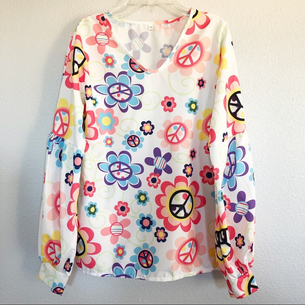 Vintage Colorful Floral & Peace Sign Top Sz Medium - Picture 1 of 8